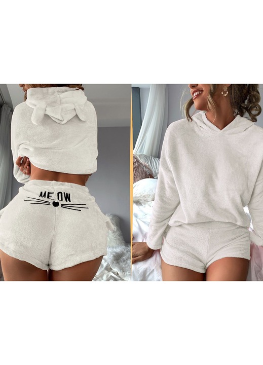 Set pijama dama, din plus moale, marimea XL, top cu maneca lunga si pantaloni scurti, bej