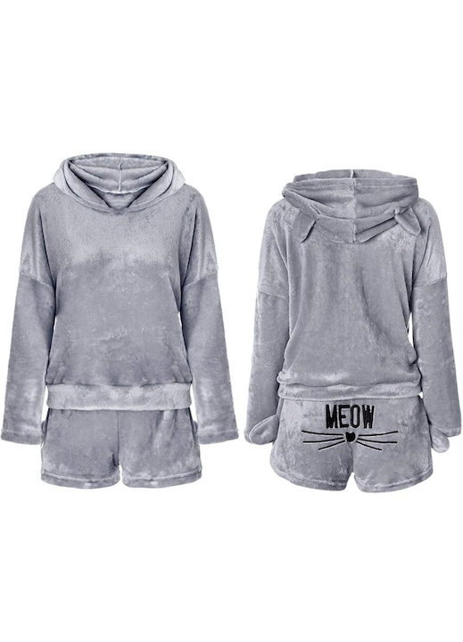 Set pijama dama, din plus moale, marimea L, top cu maneca lunga si pantaloni scurti, GRI