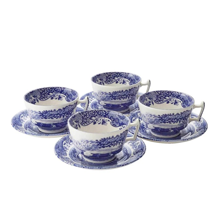 Комплект за кафе Spode England, Blue Italian, 8 части, за 4 души, 200 мл, подходящ за микровълнова фурна/съдомиялна машина, керамичен материал, син