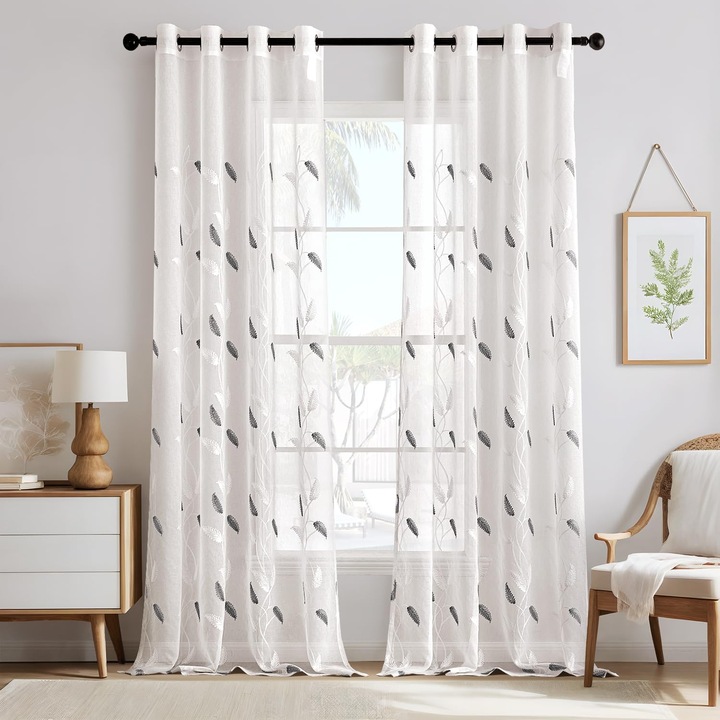 Set 2 perdele MIULEE, 140 x 160 cm, cu inele, voal brodat cu model frunze, culoare alb si gri