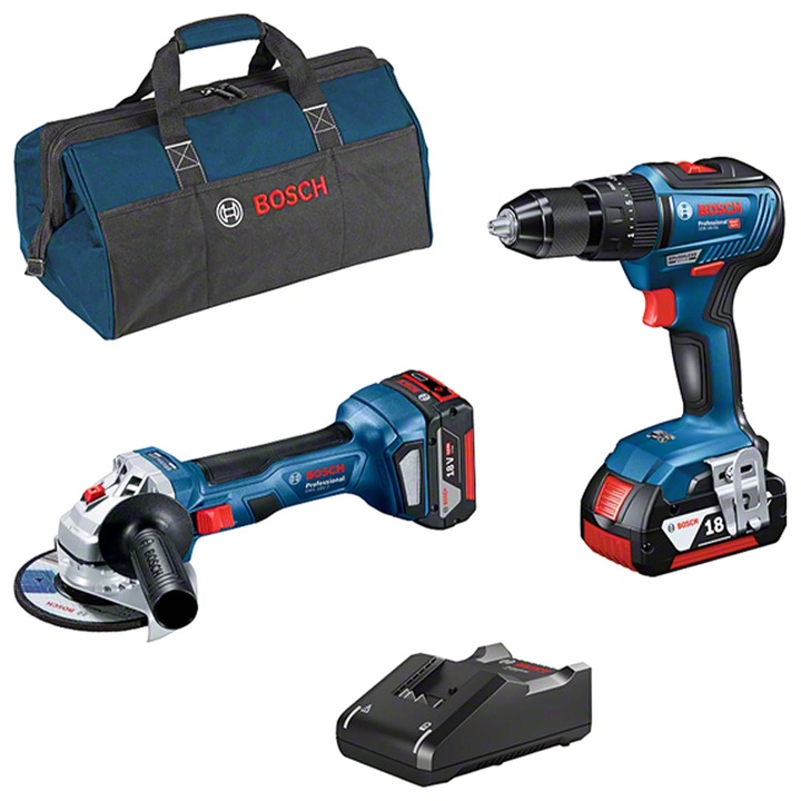 Set unelte electrice Bosch GSB 18V-55 + GWS 18V-7, 4Ah, 700W, motor fara perii, geanta inclusa