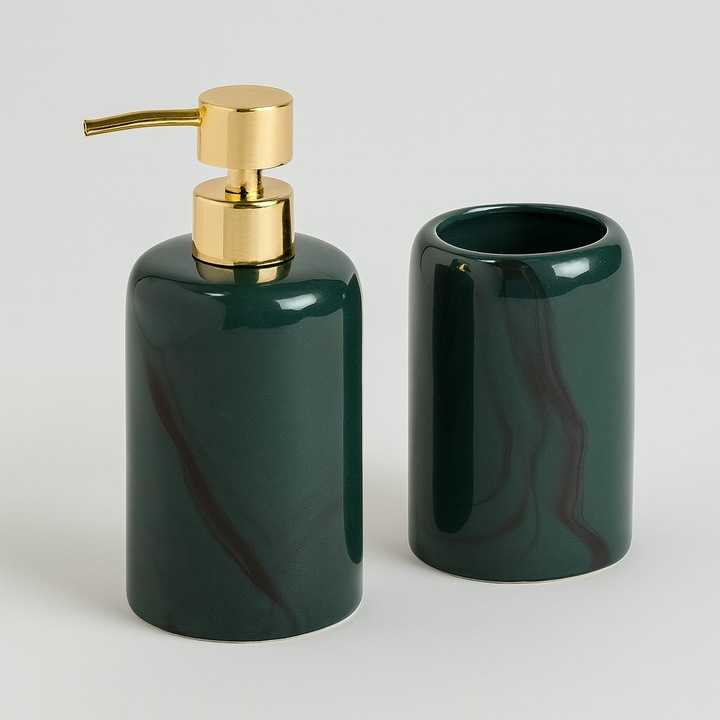 Set accesorii baie AB HOMES, 2 piese, din ceramica, culoare verde smarald cu accente aurii – dispenser sapun lichid si suport pentru periute de dinti, design elegant