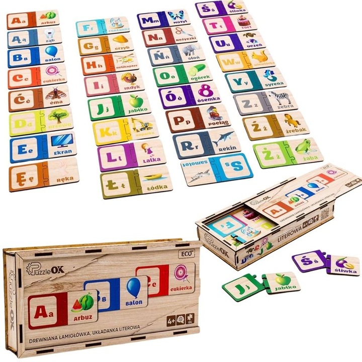 Образователна играчка PuzzleOK, литературен пъзел от екологично дърво, за деца 4+, Многоцветен, 1 комплект