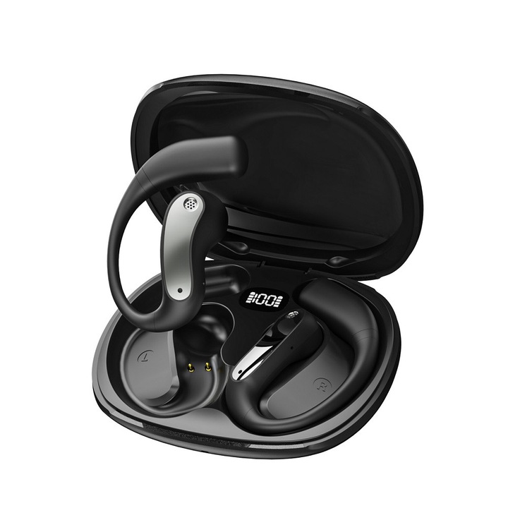 Casti wireless Bluetooth JM37, autonomie extrem de lunga, tehnologie Bluetooth 6.0, tip fara intrare in ureche, special pentru alergare, afisaj digital al nivelului bateriei, control tactil inteligent, casti pe ureche Negru