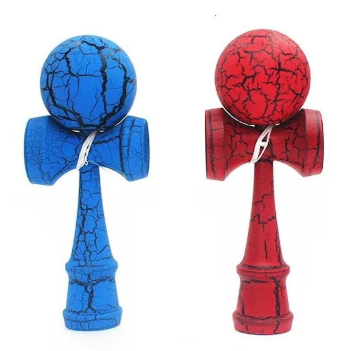 2 db fából készült Kendama készlet, HAPPY JOKER, 18 cm, klasszikus design, piros-kék