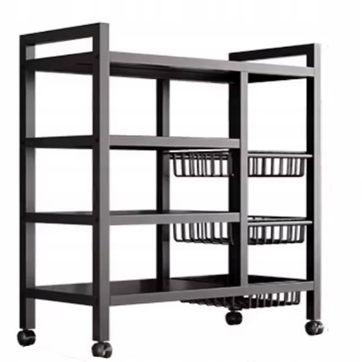 Raft metalic pliabil negru cu 4 niveluri si 3 cosuri, dimensiuni 80x32x108cm, mobil pe roti