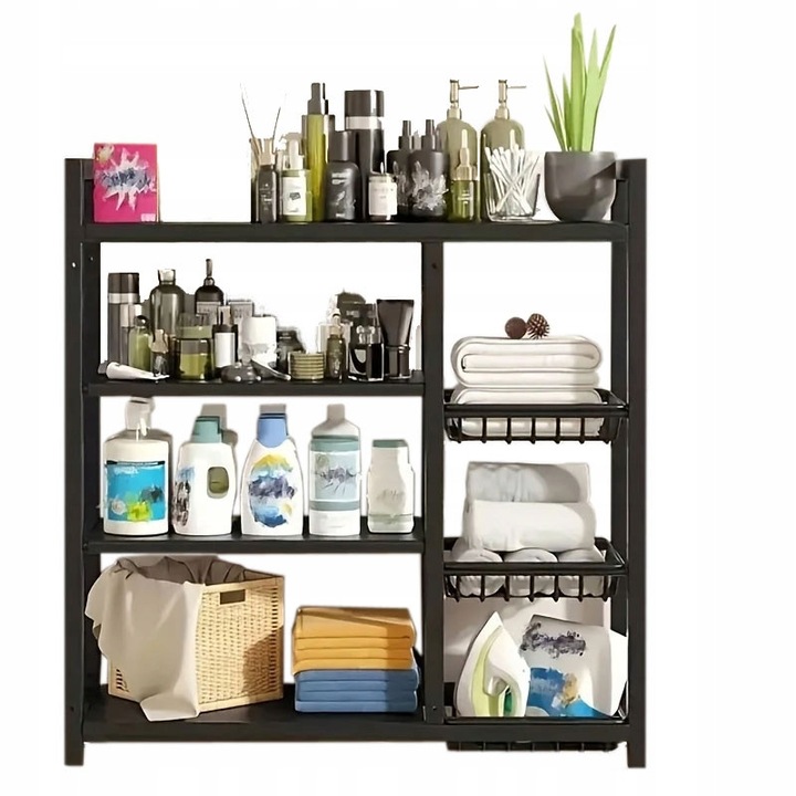 Fekete, összecsukható fém polc 4 szinttel és 3 kosárral, mérete 92x32x108cm