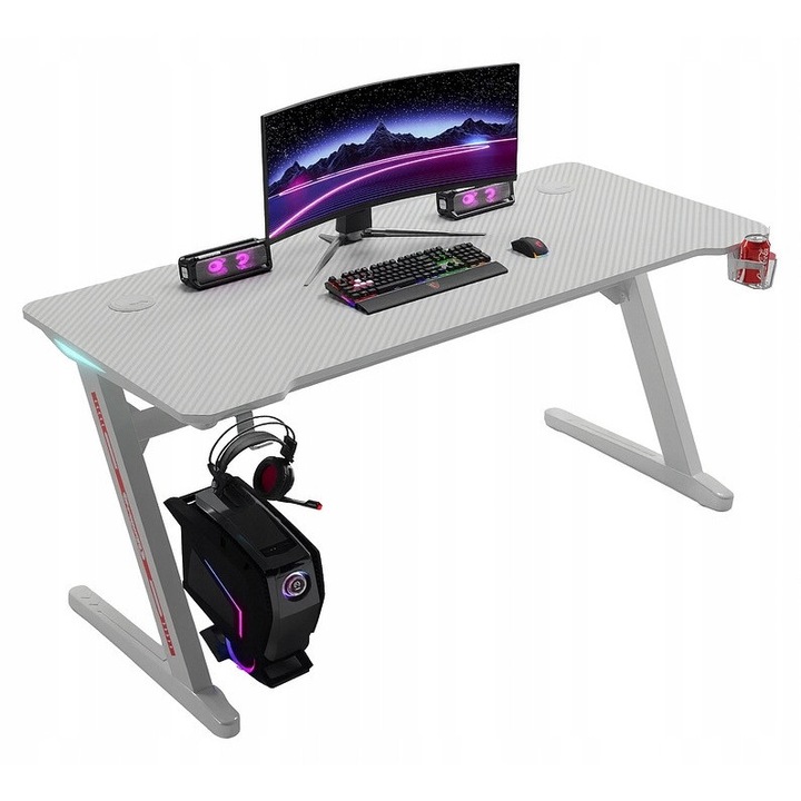 Birou De Gaming Cu Iluminare RGB, Ekspand, 140x60x74 cm, Blat De 18 mm, Finisaj Carbon, Cadru Solid Din Otel, RGB LED Armor Pe Laturile Blatului, Alimentare Prin Usb 5V, Suport Pentru Cana, Carlige Pentru Casti, Alb