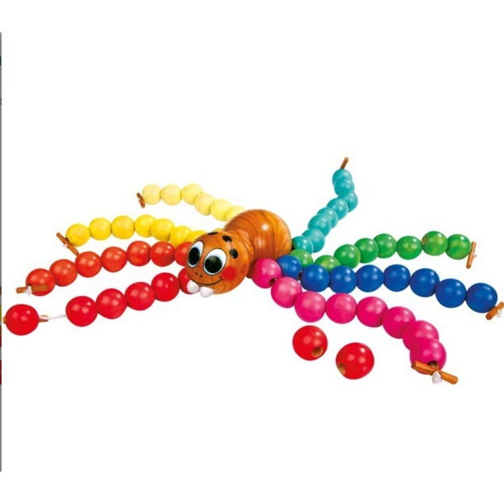 Jucărie interactivă Small Foot, păianjen cu mărgele, lemn, multicolor, 5, 5x38cm