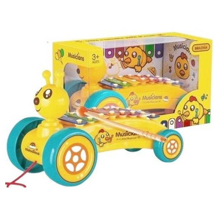 Merkpol kisautó, xilofonnal húzható bogár, sárga, 3 évesnél idősebb gyermekek számára