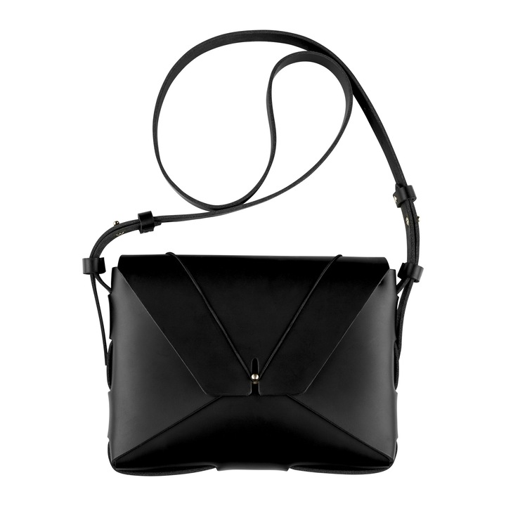 Kézzel készült keresztpántos női táska valódi bőrből, fekete, 24 x 20 x 5 cm - Origami by Diaconia