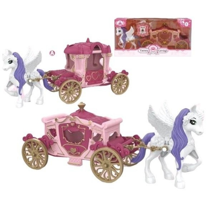 Комплект фигурки - Луксозна карета с Пегас, розово-виолетова, златни детайли, 30x15x20см