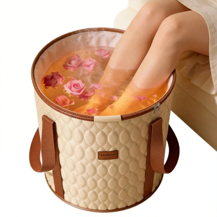 Összecsukható lábfürdő – prémium PVC kialakítás, összecsukható és hordozható, térd fölé emelt magasságú, hőszigetelés a meleg megőrzése érdekében, ideális kikapcsolódáshoz, méregtelenítéshez és otthoni masszázshoz, bézs színű