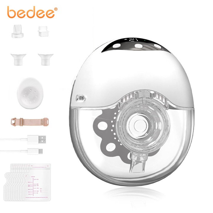 Elektromos mellszívó, hordozható, Bedee, 4 mód, 12 szint, csendes kialakítás, élelmiszeripari folyékony szilikon, masszázs funkció, porvédővel, kéz nélküli, biztonságos és higiénikus, fehér