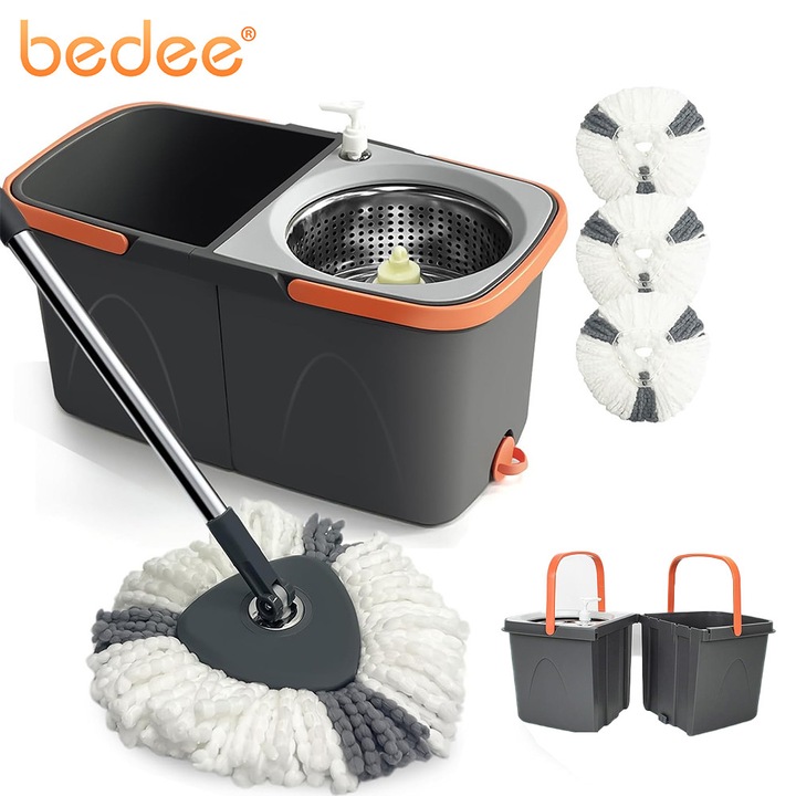 Комплект моп с центрофуга от неръждаема стомана, овална кофа, Bedee, 360°, телескопична дръжка, дръжка и колела за транспорт, сгъваема почистваща кофа с функция за изцеждане, подходяща за композитни подове, сив