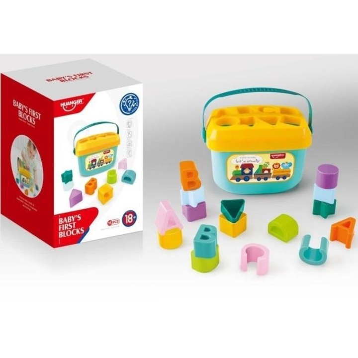 Interaktív játékkészlet, Merkpol, HUANGER Baby's First Blocks, 18 hónapos+, többszínű, tárolóedénnyel