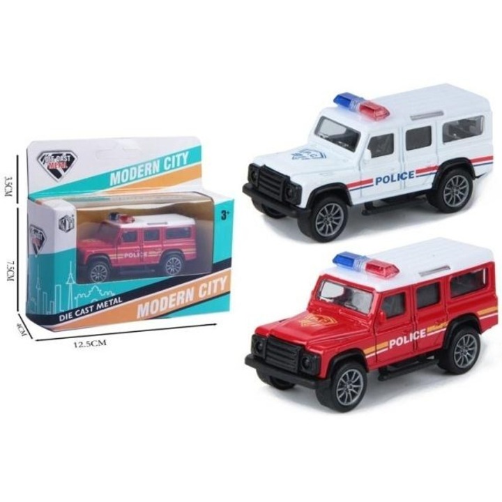Merkpol fém rendőrautó, fehér kék és piros díszítéssel, gumi kerekek, 3+ év