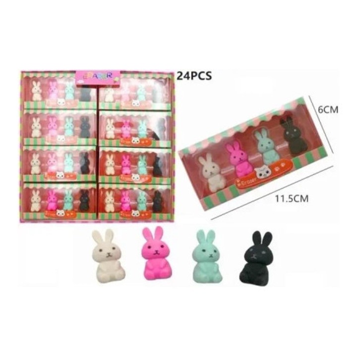 Set gume de sters Merkpol, 24 bucati, 4 forme de iepuras, culori pastelate, 11.5x6cm