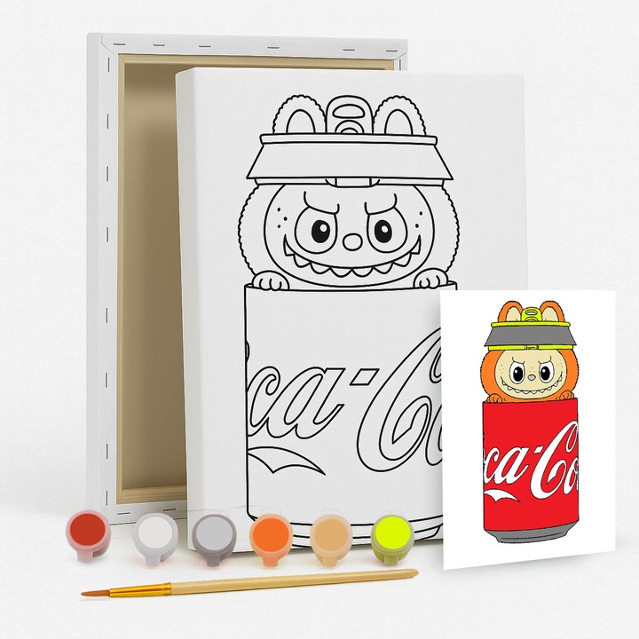 Labubu Coca-Cola Gyermek festővászon szett - Referenciaképpel - Kézzel festhető vászonkép - Akrilfestékkel és ecsettel - 25x20 cm - kreatív és pihentető tevékenység