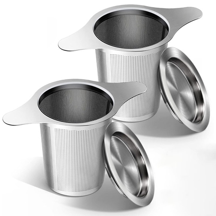 Set 2 infuzoare pentru ceai, Rqiurpn, Infuzors cu filtru din otel, plasa ultra fina, inox, 13cm, Argintiu