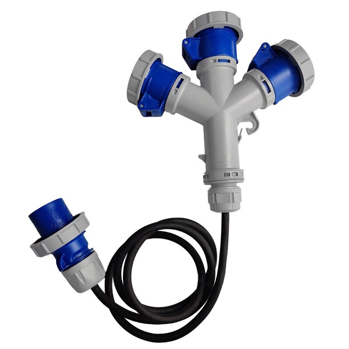 Priza de camping Marlanvil 3x 16A 3P 230V, IP67, cablu 1,5m, albastru, gri