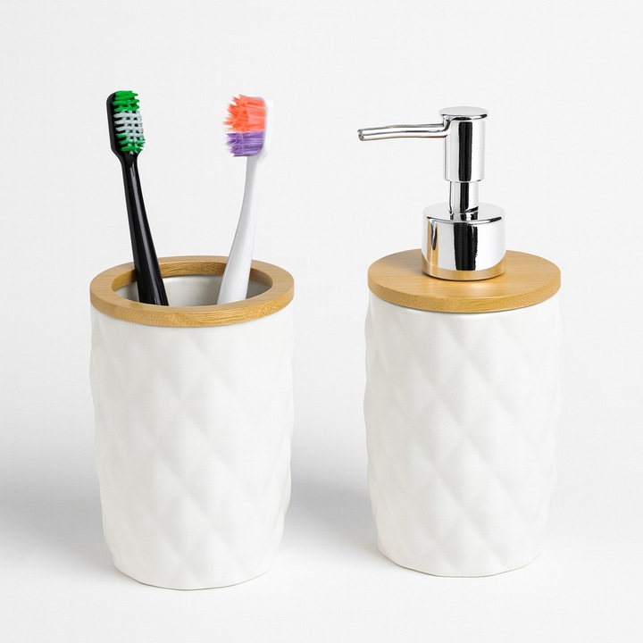 Комплект аксесоари за баня AB HOMES, 2 части, от бяла керамика – диспенсър за течен сапун и поставка за четки за зъби, модерен и елегантен дизайн