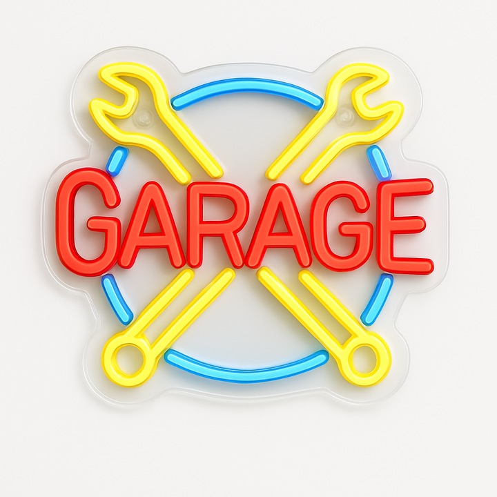 Reclama luminoasa LED Neon „GARAGE” – chei incrucisate, 31.5 × 27 cm, USB — Potrivit: garaj, service auto, atelier, vulcanizare, detailing spalatorie auto, showroom piese, vitrina magazin – Temark®