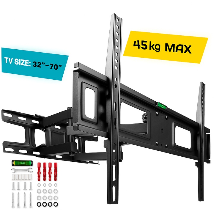 Suport TV Profesional Extensibil 32–70", Otel Ranforsat, 45 kg, VESA 600x400, Rotire 180°, Nivela si Accesorii Incluse