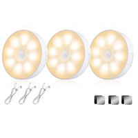 Set de 3 veioze cu senzor de miscare, lumini LED wireless reincarcabile, 8 LED-uri, incarcare USB, pentru scari, dulapuri, coridoare, bai, cald