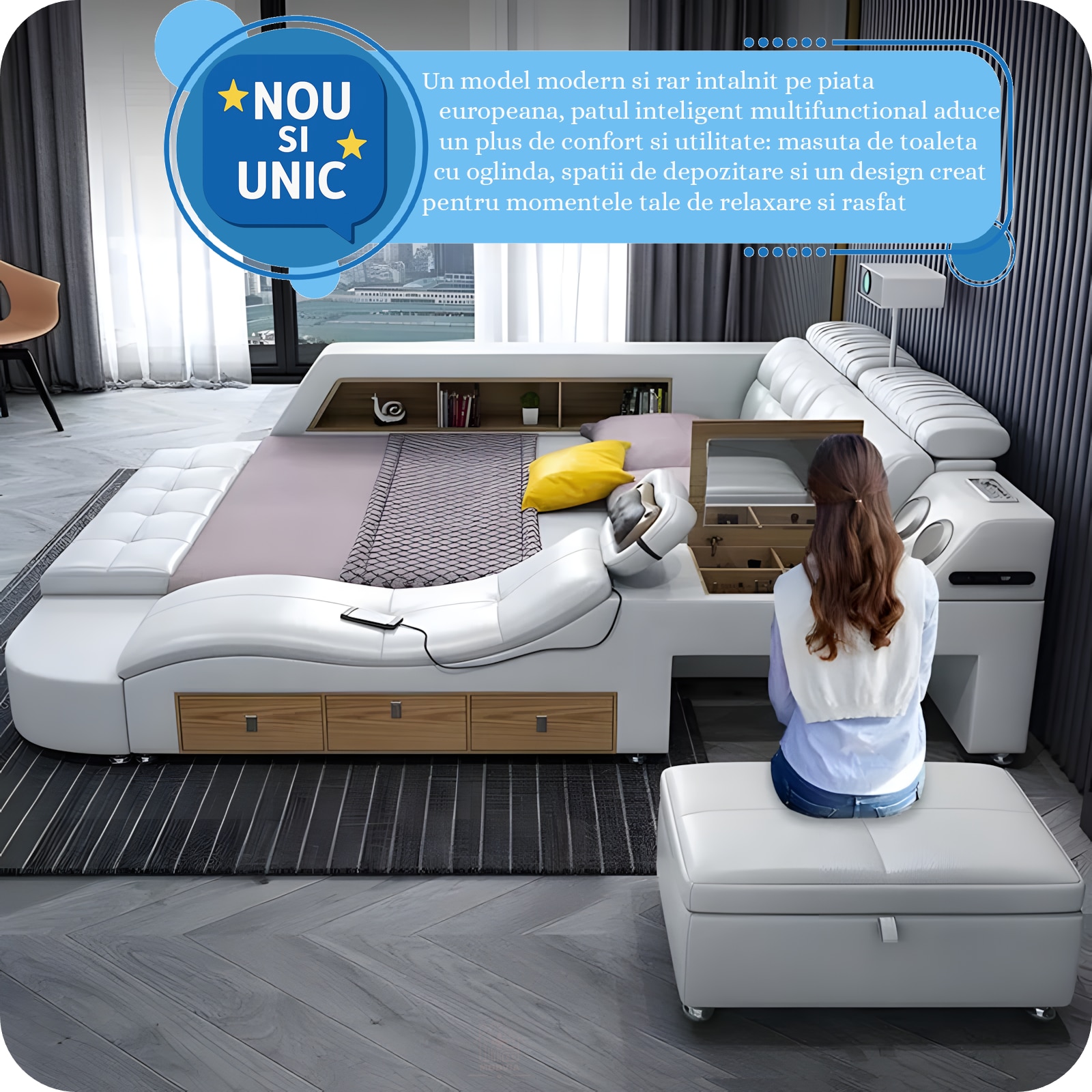 Pat Boxe Pat, dormitor, inteligent multifunctional King Size 180×200 cm, cu ...