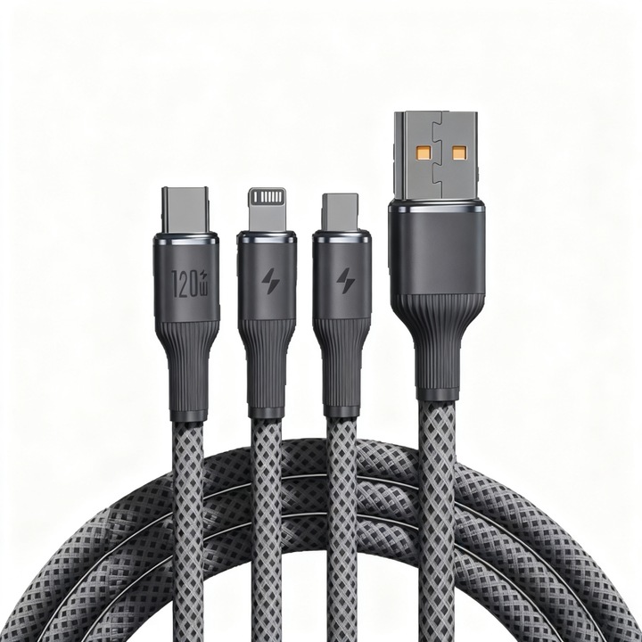 Cablu de Date 3-in-1 Incarcare Rapida 120W – Lightning + Type-C + Micro-USB, Nylon Tavalug Durabil, Incarcare Simultana 3 Dispozitive