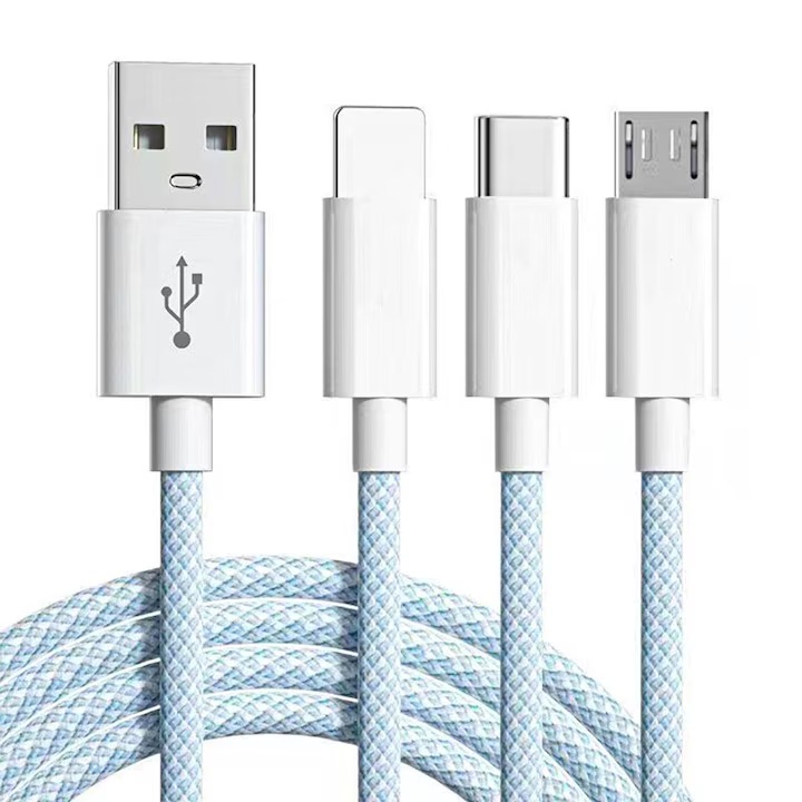 Кабел 3 в 1, 66W, USB-C, Lightning, Micro-USB, 1.2м, Син, Устойчив найлон