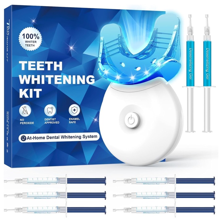 Kit Albire Dinti cu Luminare LED, 6 Geluri Albire + 2 Geluri Desensibilizante, Tavita Silicon si Lumina LED 5X, Fara Peroxid, Sigur pentru Smalt, Rezultate Vizibile in 7 Zile