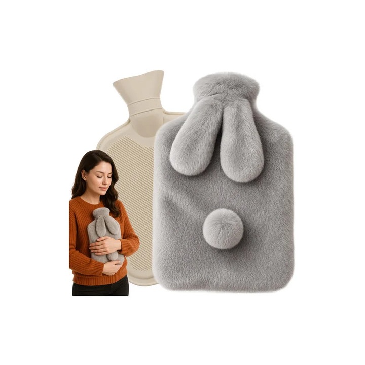 Termofor model iepuras, perna apa calda 1.8 litri, husa de plus, 33x21 cm