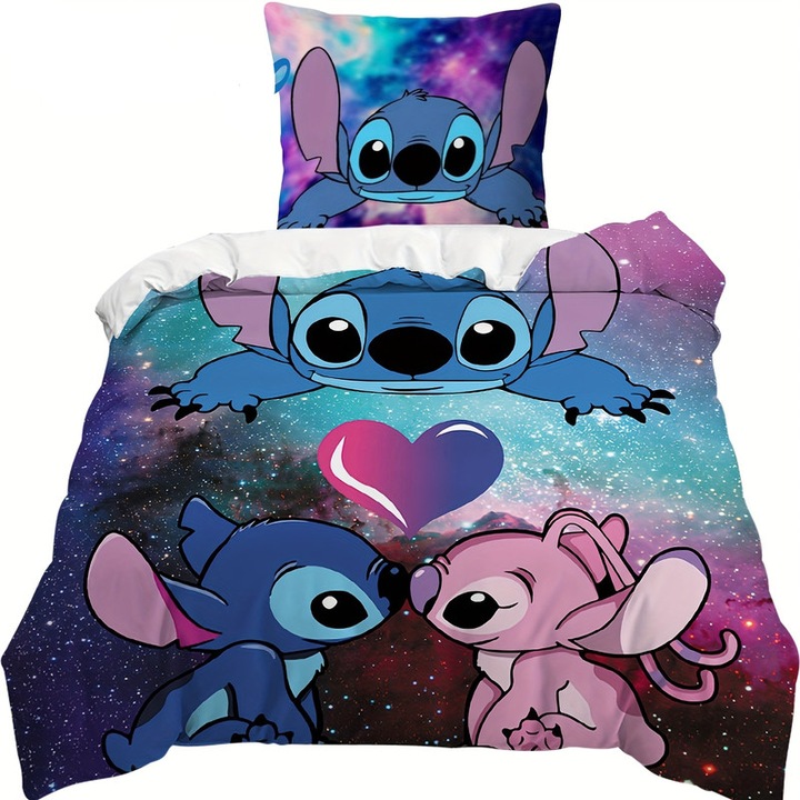 Set lenjerie de pat, PQKL-party, design galaxie, culori mov si albastru,135x200cm + fata de perna 50x75cm