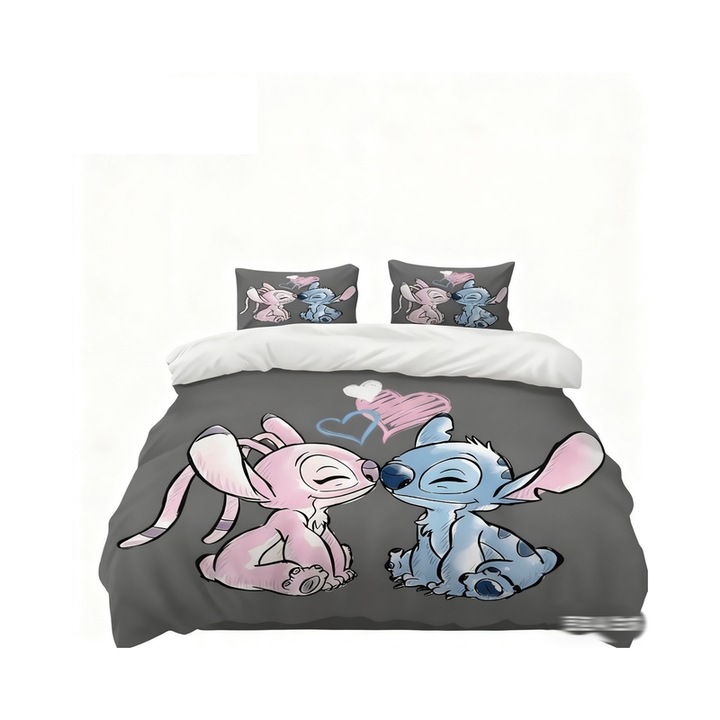 Set lenjerie de pat PQKL-party, 3 piese, gri cu roz si albastru, 1 husa de plapuma (135x200cm) + 2 fete de perna (50x75cm)