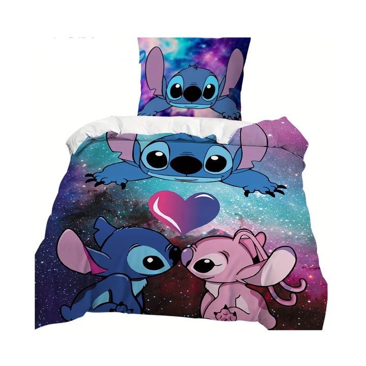 Set lenjerie de pat, PQKL-party, design galaxie, culori mov si albastru, 200x200cm + fata de perna 80x80cm