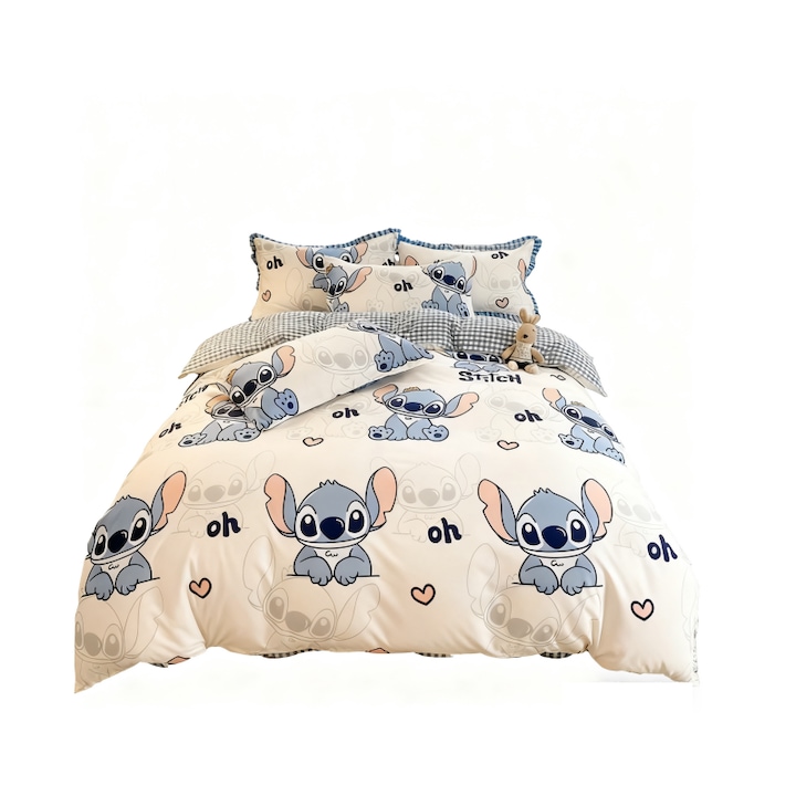 Комплект спално бельо PQKL-party, дизайн Stitch със сърчица, бежов със сини акценти, 1 плик за завивка + 1 чаршаф (150x200cm) + 2 калъфки за възглавници (48x74cm)