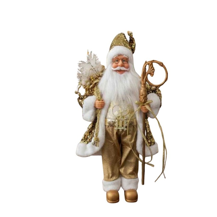 Декоративна фигурка Дядо Коледа, Ръчна изработка, Текстил, Изкуствена брада, 50 сантиметра, Златист с бели акценти