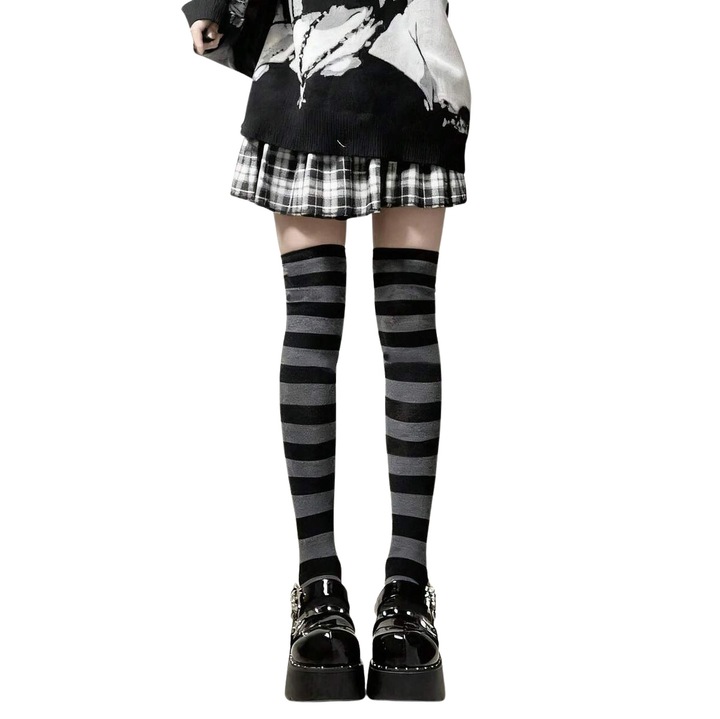 Sosete peste genunchi pentru fete, model Zebra dungi Negre si Gri, cu calcai 20-25cm, Marimea 35-40EU, Lungime de la calcai 50cm, elasticitate pana la 70cm
