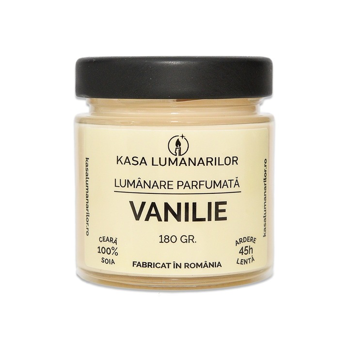 Lumanare parfumata din ceara de soia cu fitil de lemn, Vanilie, Handmade, ceara naturala, ardere lenta 45h, 180 g