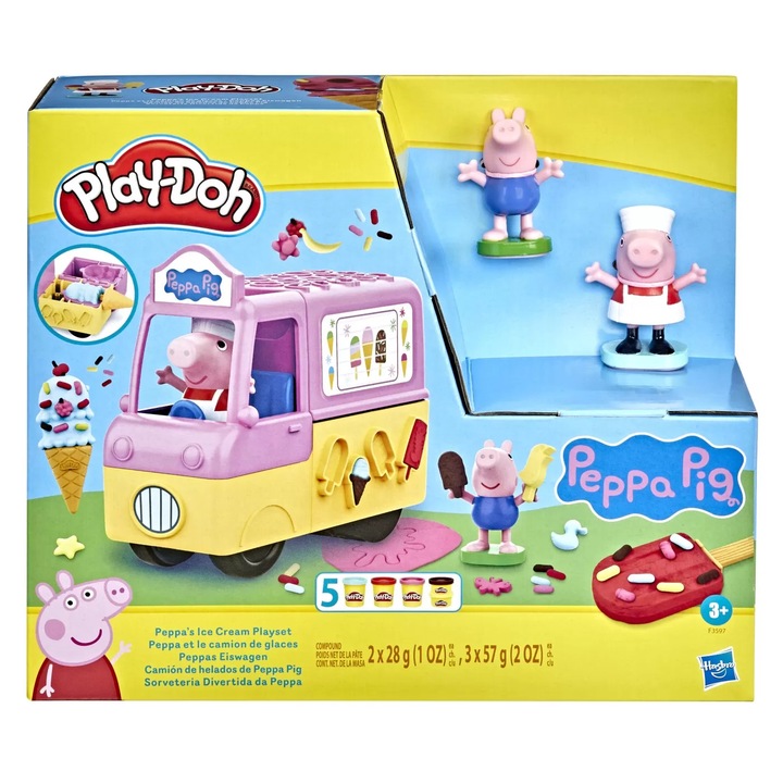 Play-Doh set Peppa Pig cu masina de inghetata, 5 cutii pasta modelatoare, multicolor