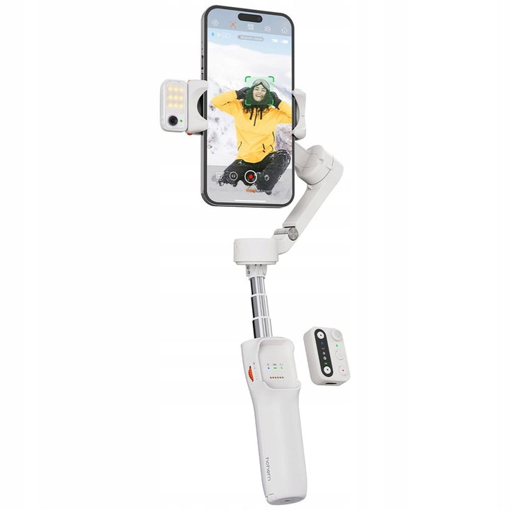 Stabilizator gimbal Hohem isteady v3 alb pe 3 axe cu lumina magnetica inteligenta AI cu telecomanda cu trepied si tija de extensie incorporate, functie de urmarire a miscarii Follow you, ultra-usor, pana la 13 ore de functionare, inclus: gimbal, tracker