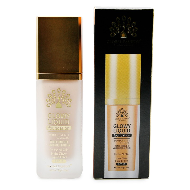 Fond de ten Global Fashion, Glowy Liquid Foundation 4in1: Primer + Corector + Iluminator + BB cream, SPF 15, K032, Natural Tan