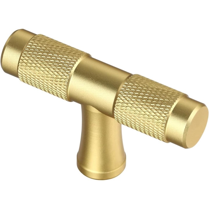 Set 5 manere mobila, din aliaj de zinc rezistent, in forma de T, 50mm lungime, 30 mm inaltime, Aurii, Textura tip knurled (antiderapanta, in relief fin)
