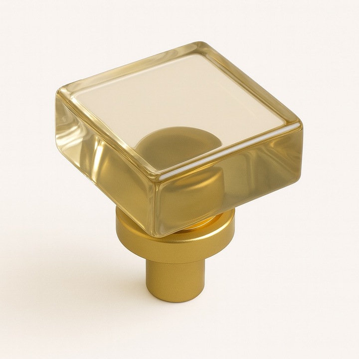 Buton Mobila Opal Patrat Auriu Lucios + Sticla