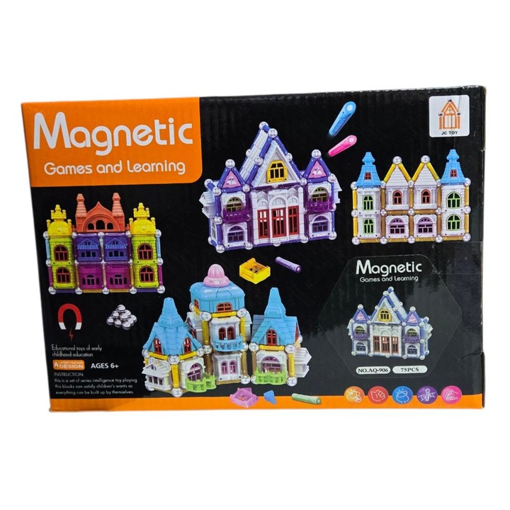 Set magnetic creativ si educativ 75 piese, forme geometrice, bilute, castel, casuta