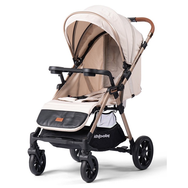 Richbaby Deluxe sport babakocsi, összecsukható, állítható háttámla, felfüggesztés, tárolókosár, tálca pohártartóval, bézs színű