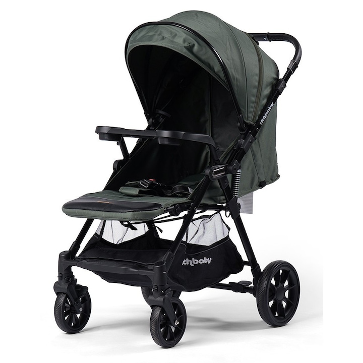 Richbaby Deluxe sport babakocsi, összecsukható, állítható háttámla, felfüggesztés, tárolókosár, tálca pohártartóval, zöld színű