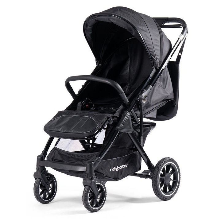 RichBaby Premium Deluxe sport babakocsi, összecsukható, mint egy bőrönd, állítható háttámla, állítható lábtartó, lábtakaró, tárolórekesz, megfordítható fogantyú, táska mellékelve, fekete színű